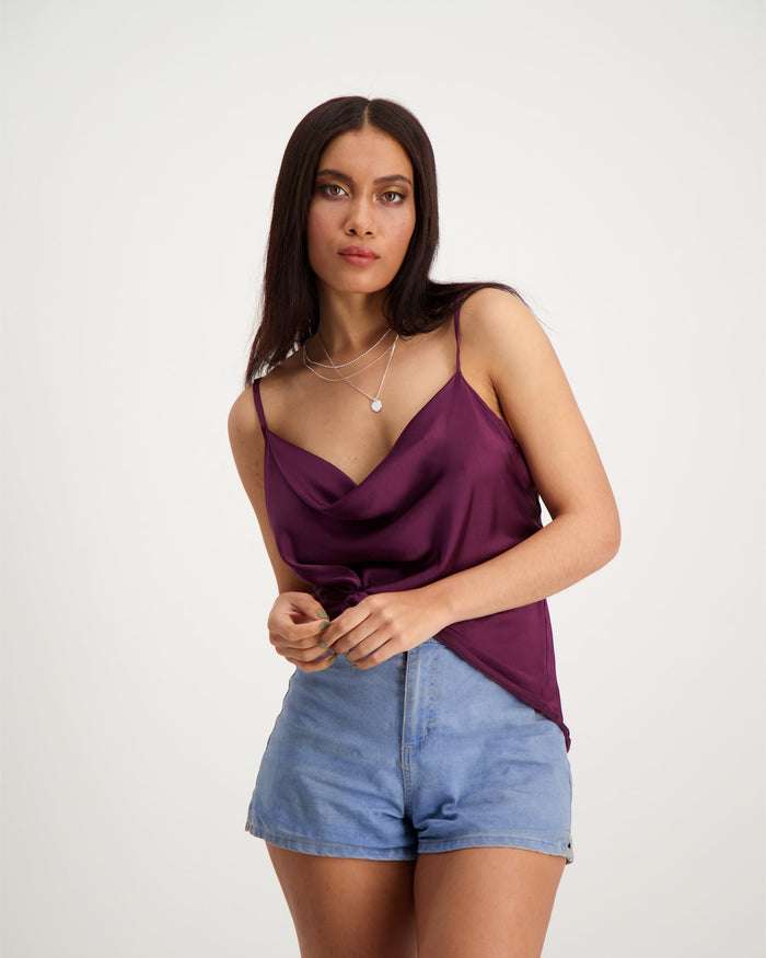 Burgundy cowl neck cami looks and feels gorgeous. Fashioned from silky smooth Armani satin