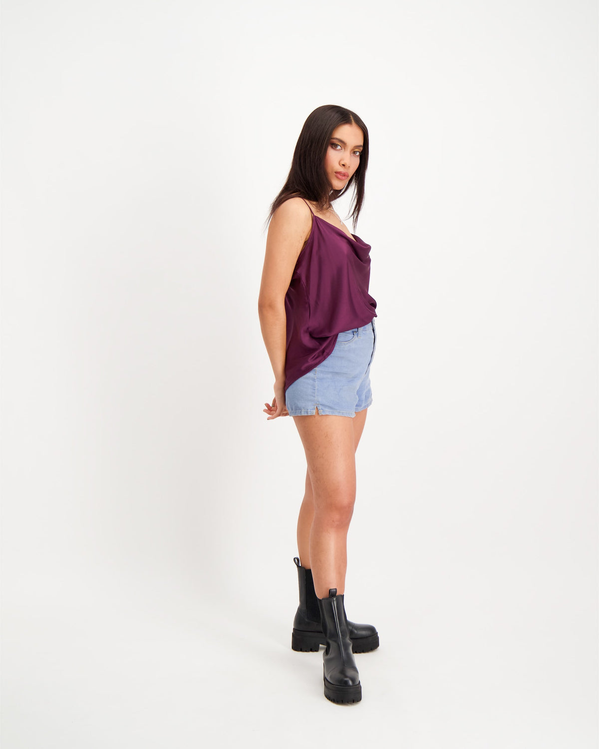 Burgundy cowl neck cami looks and feels gorgeous. Fashioned from silky smooth Armani satin